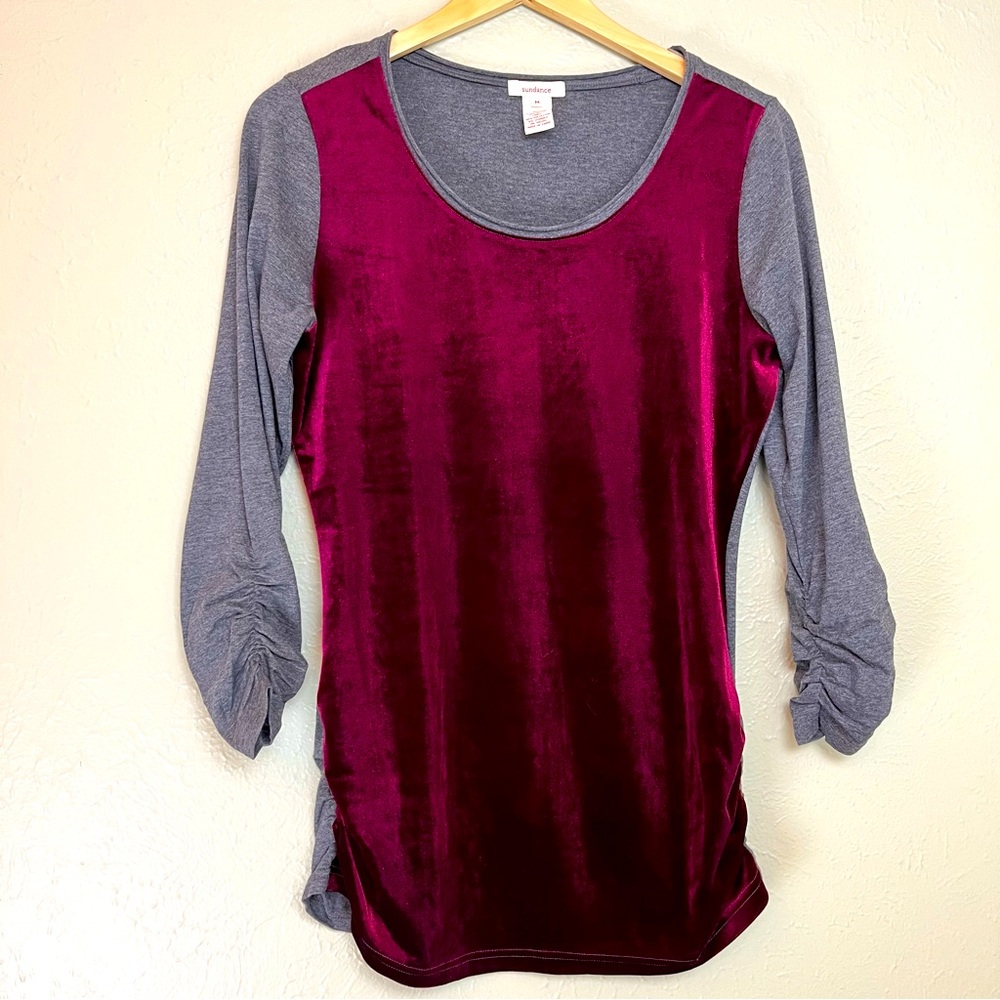 SUNDANCE Shirt 3/4 Sleeve Ruche Detail Velvet Bodice Scoop Neck Size Medium